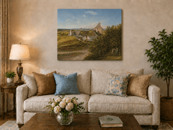 Unframed hand-painted country houses oil painting with a winding road and distant city view displayed above a neutral living room sofa.