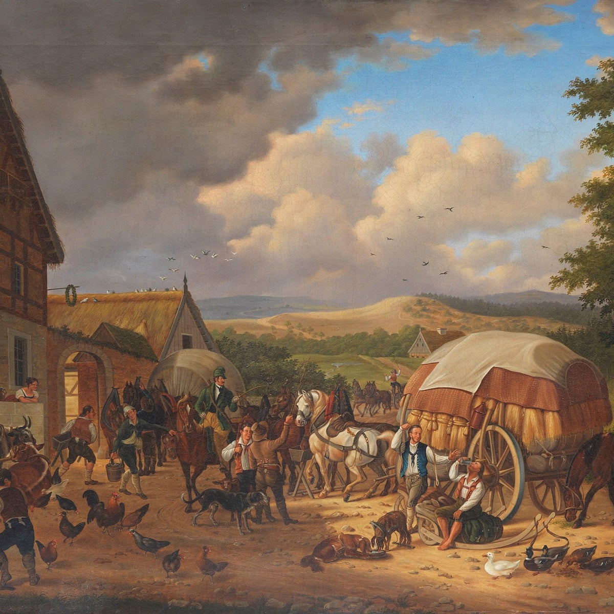 Country Inn with Horses, Wagons, and Figures – Landscape Oil Painting - Oil Painting Haven
