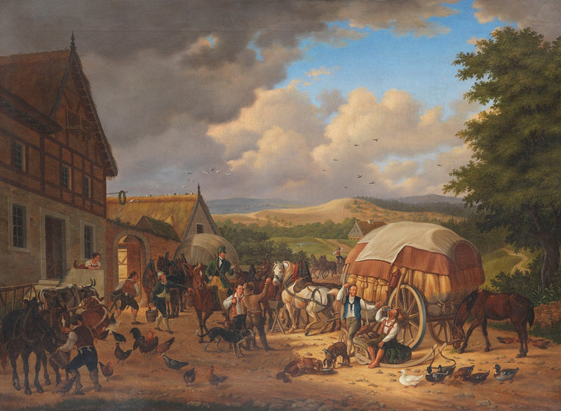 Country Inn with Horses, Wagons, and Figures – Landscape Oil Painting - Oil Painting Haven