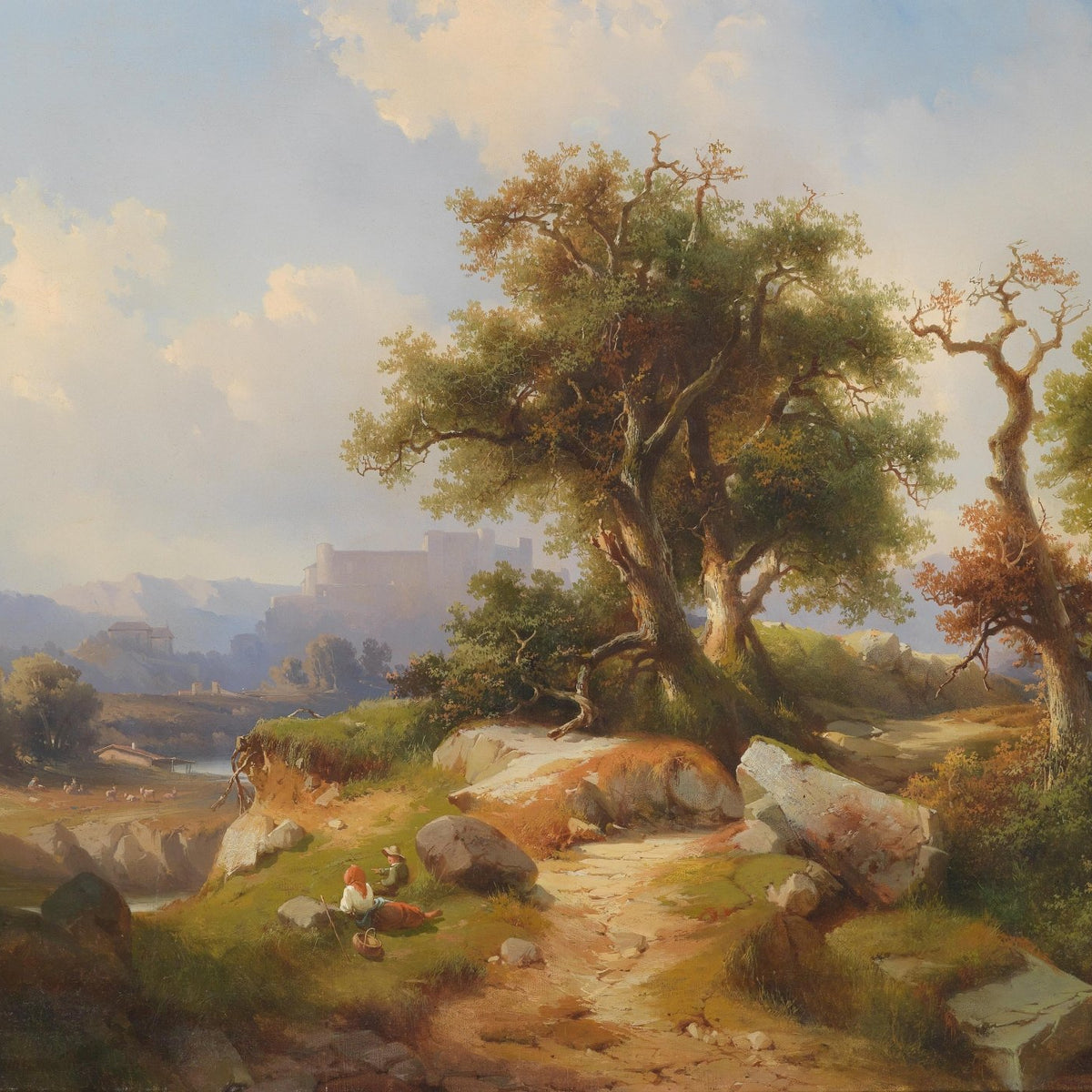 Country Path, Ancient Trees, Distant Castle – Landscape Oil Painting - Oil Painting Haven