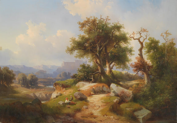 Country Path, Ancient Trees, Distant Castle – Landscape Oil Painting - Oil Painting Haven