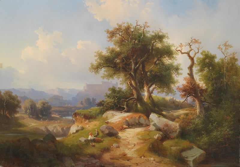 Country Path, Ancient Trees, Distant Castle – Landscape Oil Painting - Oil Painting Haven