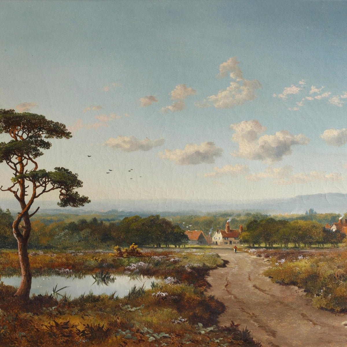 Country Road and Pine by Quiet Pond - Landscape Oil Painting - Oil Painting Haven