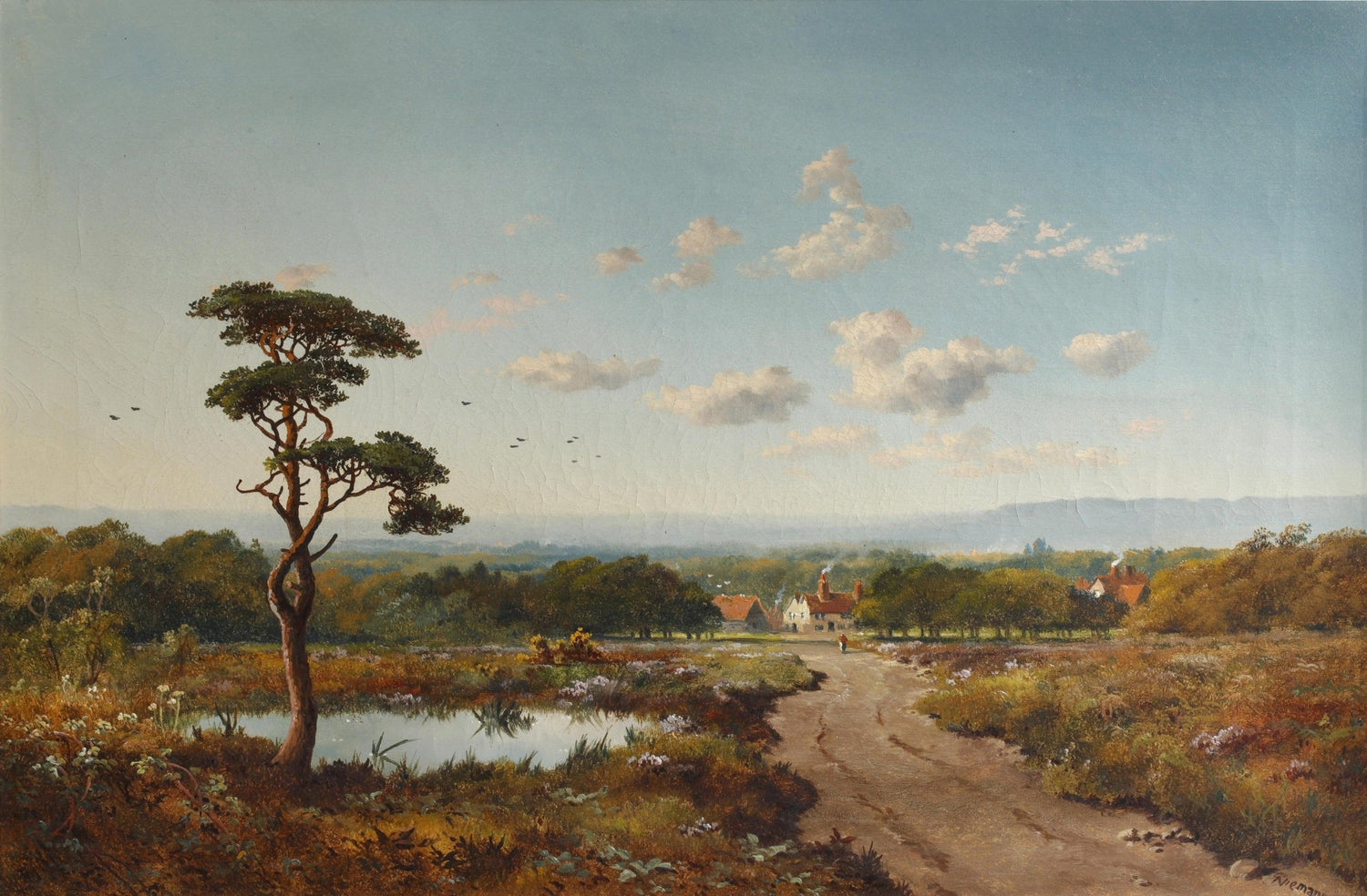 Country Road and Pine by Quiet Pond - Landscape Oil Painting - Oil Painting Haven