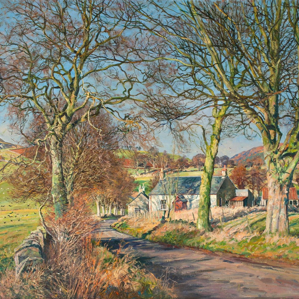 Country Road Lined, Trees, Cottages, Soft Light – Landscape Oil Painting - Oil Painting Haven