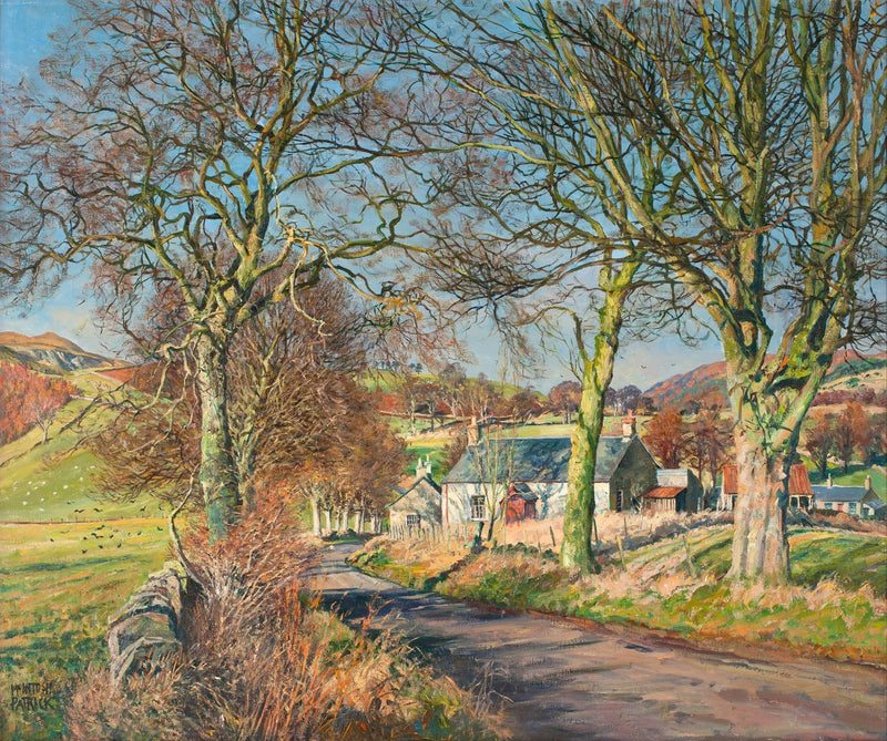 Country Road Lined, Trees, Cottages, Soft Light – Landscape Oil Painting - Oil Painting Haven