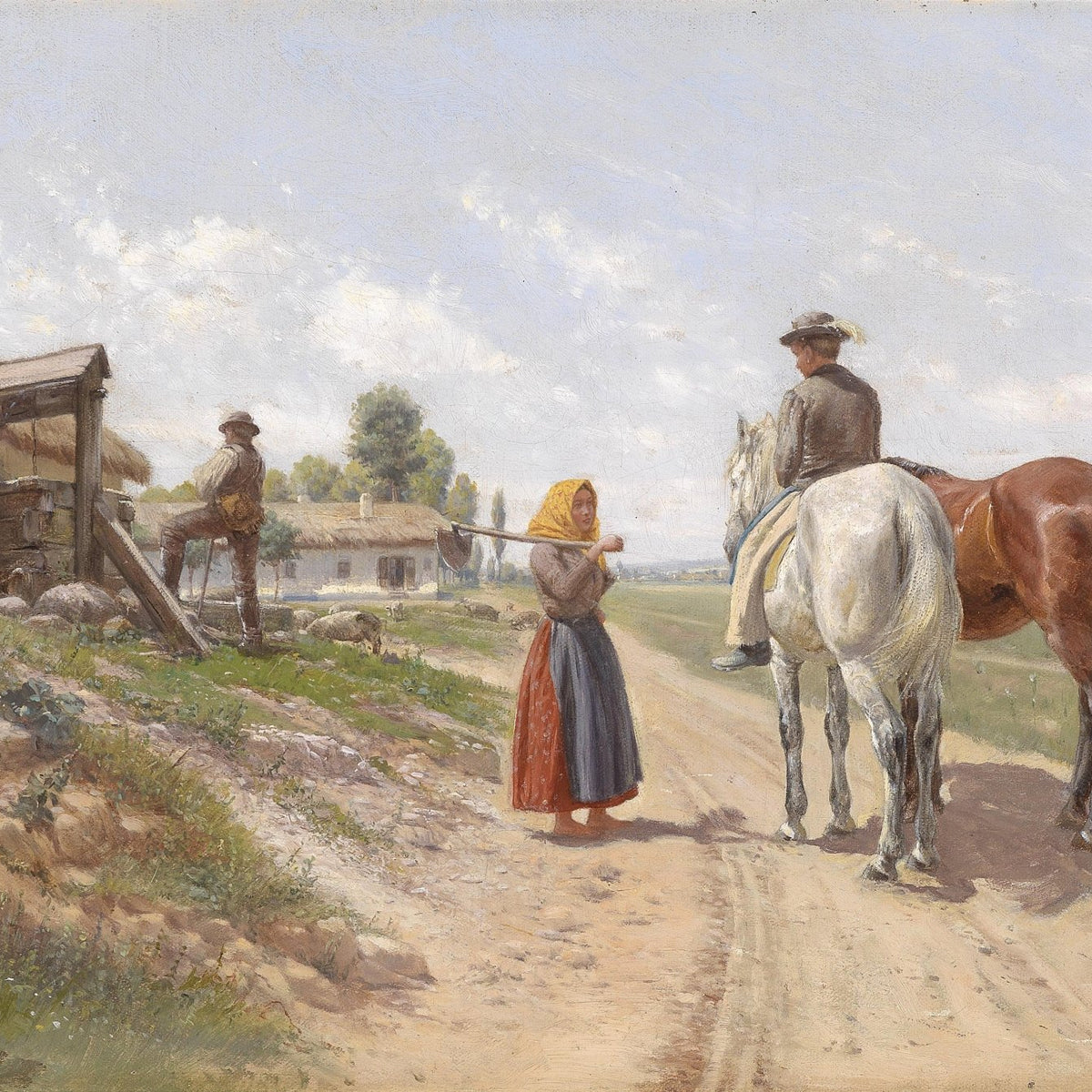 Country Road Meeting with Rider and Villagers - People Oil Painting - Oil Painting Haven