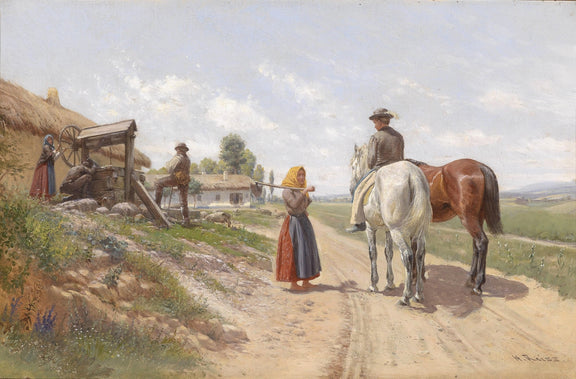 Country Road Meeting with Rider and Villagers - People Oil Painting - Oil Painting Haven