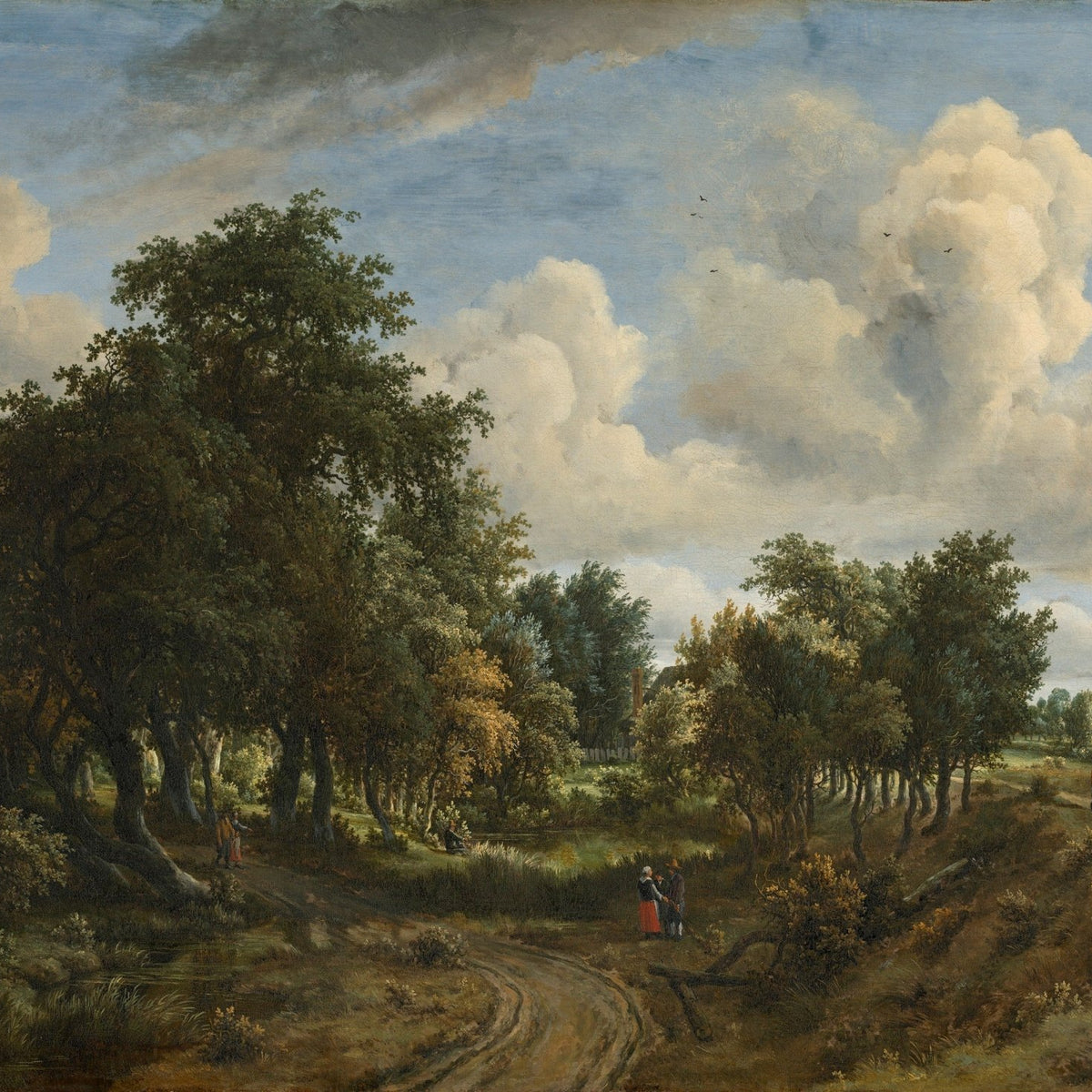 Landscape oil painting of a country road winding through a dense woodland with tall trees and dramatic clouds, hand painted. - Add Frame, Canvas, Country, Figure, Forest, Hand Painted, Landscape, Made To Order, Oil Painting, Road