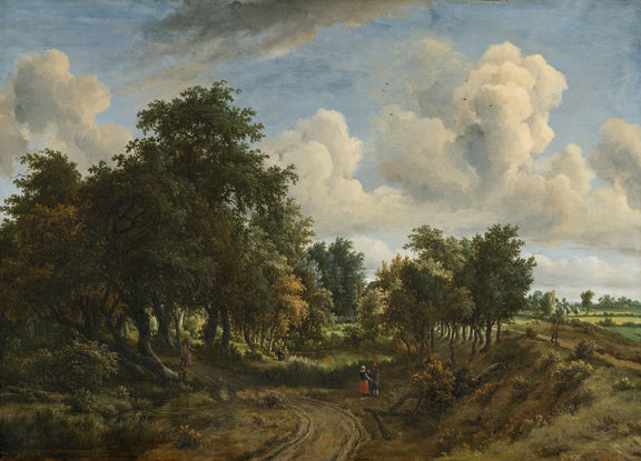 Landscape oil painting of a country road winding through a dense woodland with tall trees and dramatic clouds, hand painted. - Add Frame, Canvas, Country, Figure, Forest, Hand Painted, Landscape, Made To Order, Oil Painting, Road