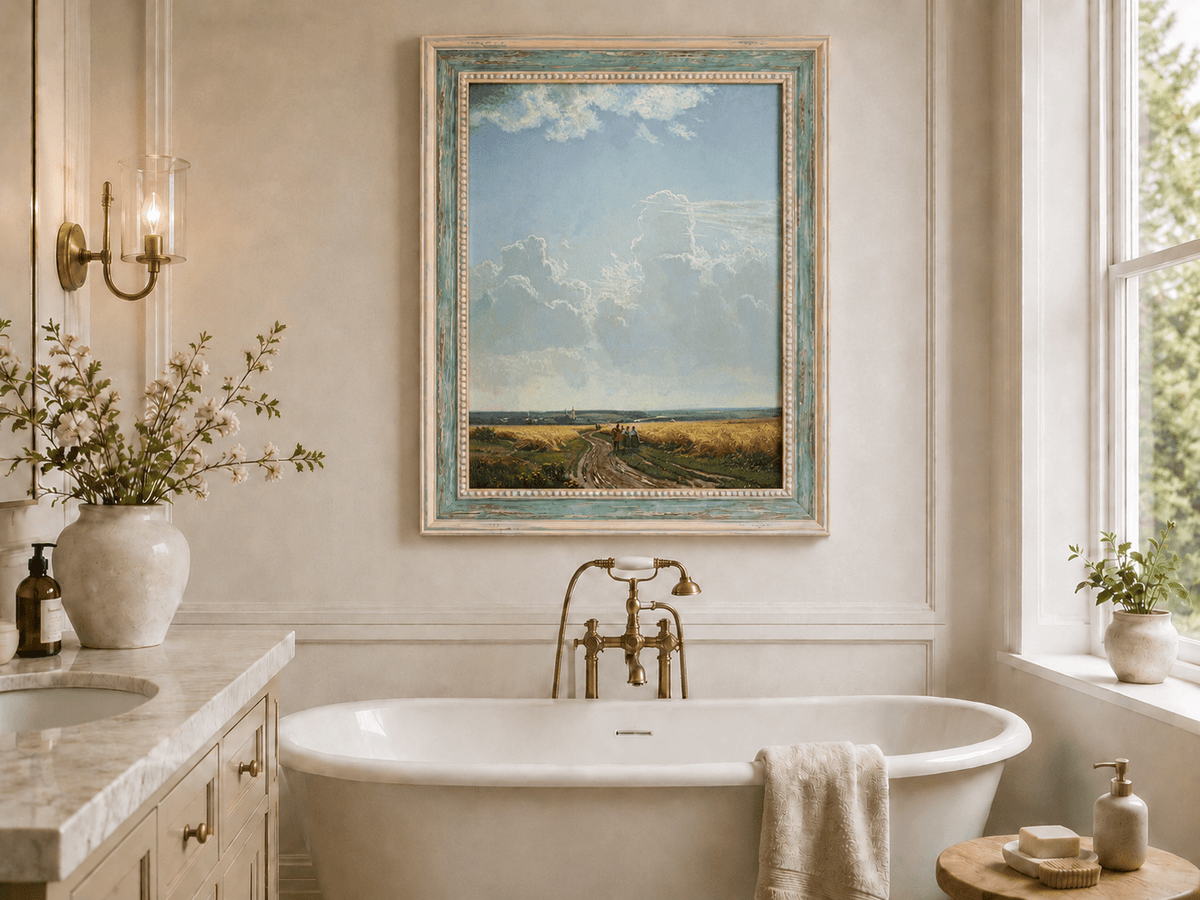 Framed hand-painted countryside oil painting with a road through wheat fields beneath broad clouds displayed above a freestanding bathtub.