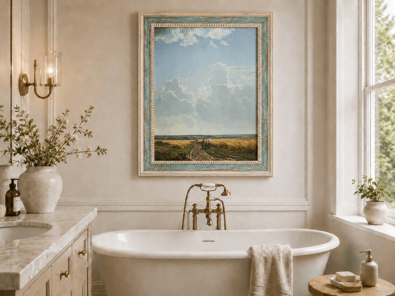 Framed hand-painted countryside oil painting with a road through wheat fields beneath broad clouds displayed above a freestanding bathtub.