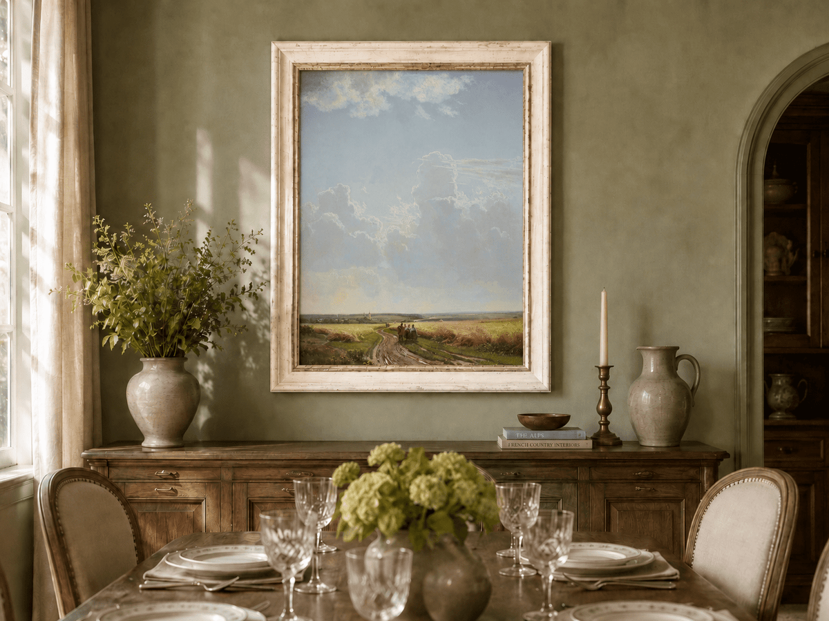 Framed hand-painted countryside oil painting with a road through wheat fields beneath broad clouds displayed above a formal dining table.