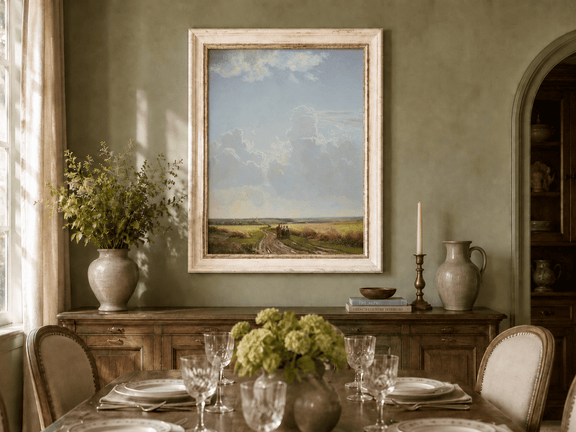 Framed hand-painted countryside oil painting with a road through wheat fields beneath broad clouds displayed above a formal dining table.
