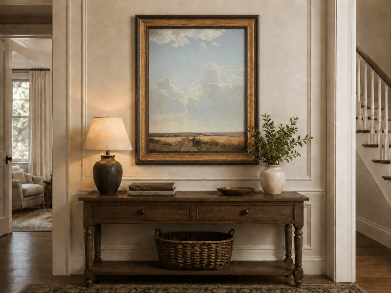 Framed hand-painted countryside oil painting with a road through wheat fields beneath broad clouds displayed above an entryway console table.