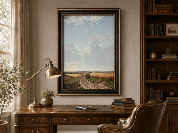 Framed hand-painted countryside oil painting with a road through wheat fields beneath broad clouds displayed above a traditional home office desk.