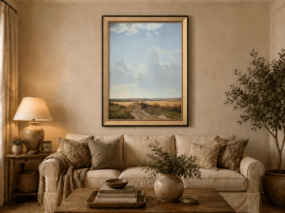 Framed hand-painted countryside oil painting with a road through wheat fields beneath broad clouds displayed above a neutral living room sofa.