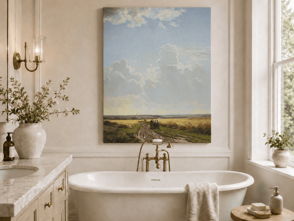 Unframed hand-painted countryside oil painting with a road through wheat fields beneath broad clouds displayed above a freestanding bathtub.