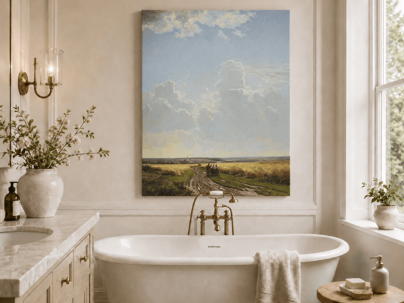 Unframed hand-painted countryside oil painting with a road through wheat fields beneath broad clouds displayed above a freestanding bathtub.
