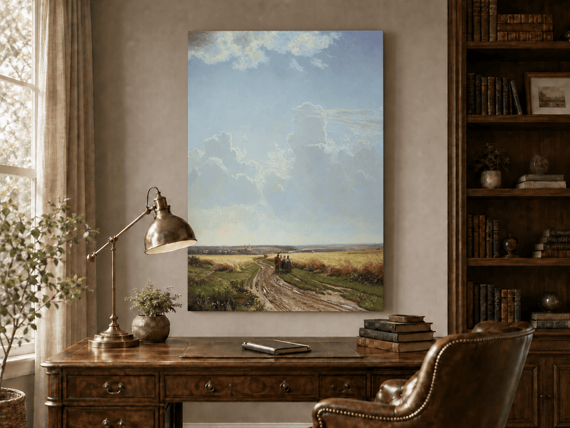 Unframed hand-painted countryside oil painting with a road through wheat fields beneath broad clouds displayed above a traditional home office desk.