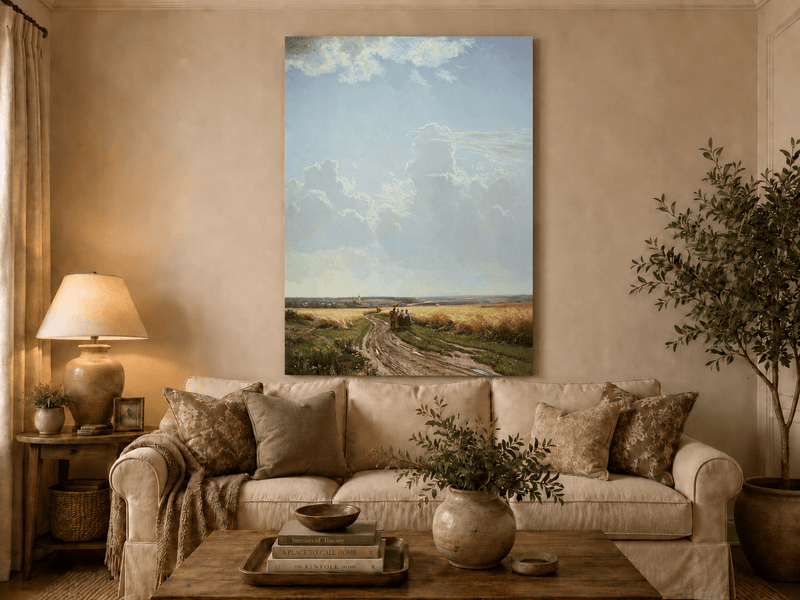 Unframed hand-painted countryside oil painting with a road through wheat fields beneath broad clouds displayed above a neutral living room sofa.
