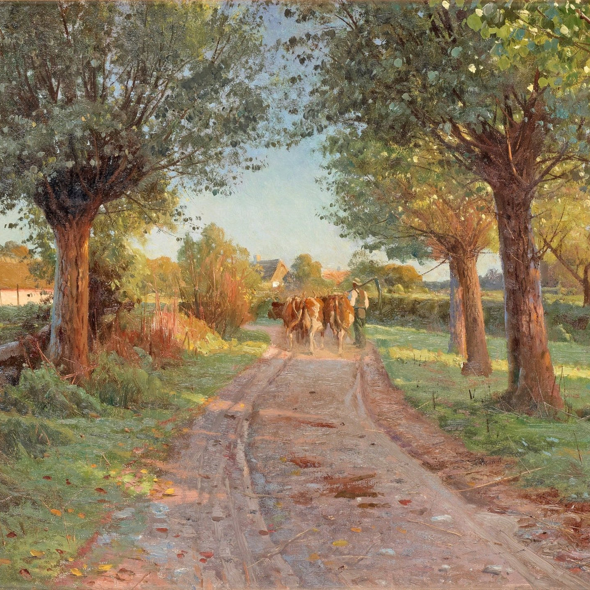 Country Road with Cattle and Farmhouses – Landscape Oil Painting - Oil Painting Haven