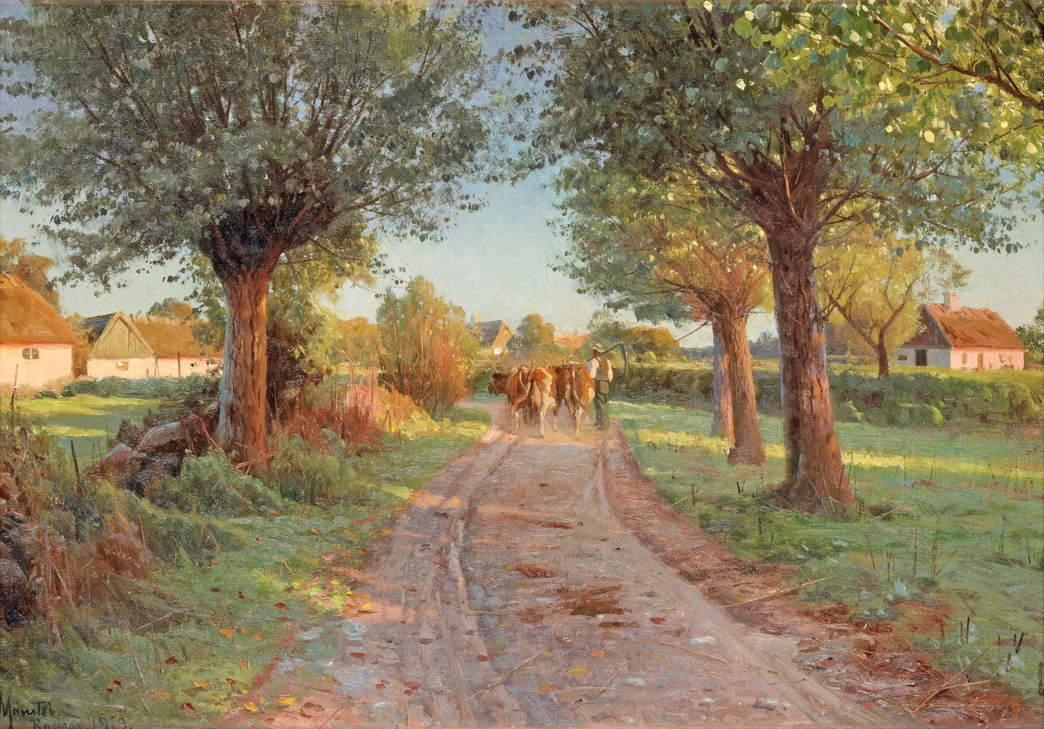 Country Road with Cattle and Farmhouses – Landscape Oil Painting - Oil Painting Haven