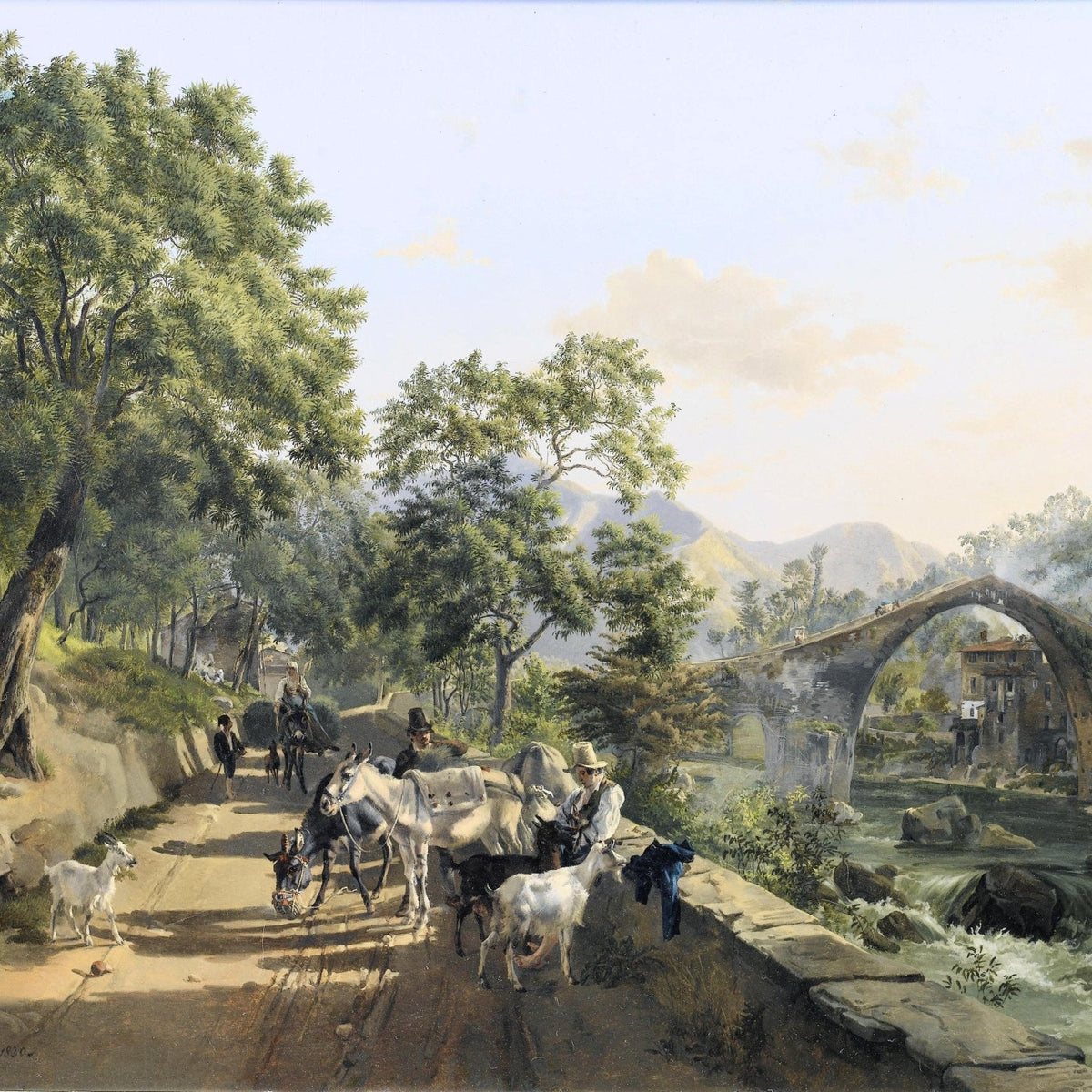 Country Road with Donkeys and Stone Bridge – Hand - Painted Oil Painting - Oil Painting Haven