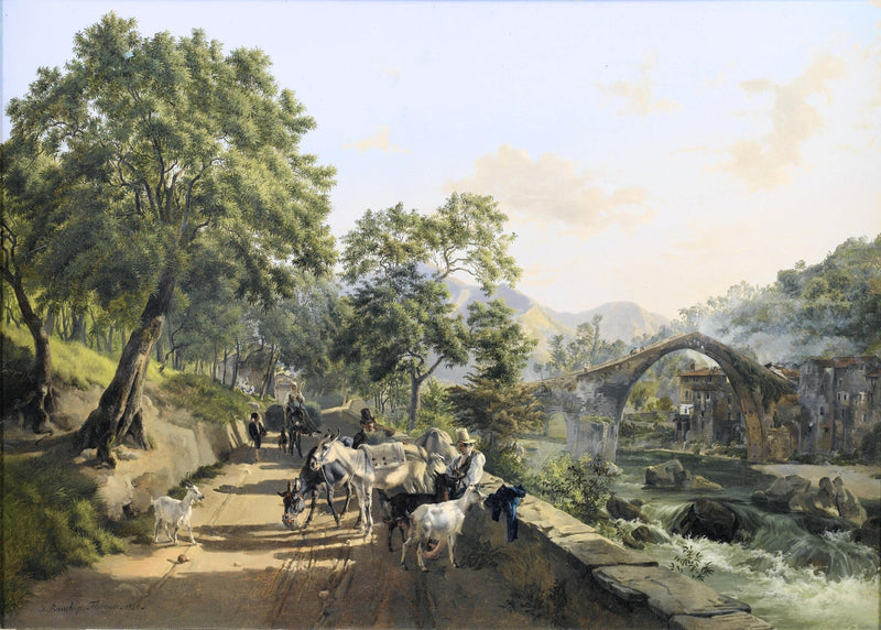 Country Road with Donkeys and Stone Bridge – Hand - Painted Oil Painting - Oil Painting Haven
