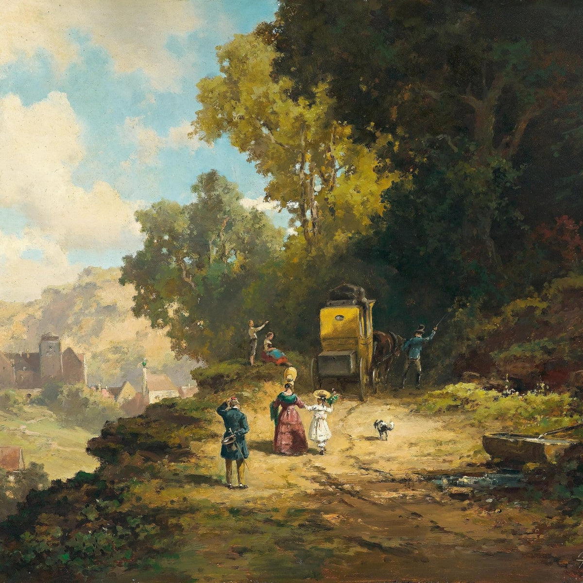 Country Road with Horse Carriage and Village - Landscape Oil Painting - Oil Painting Haven