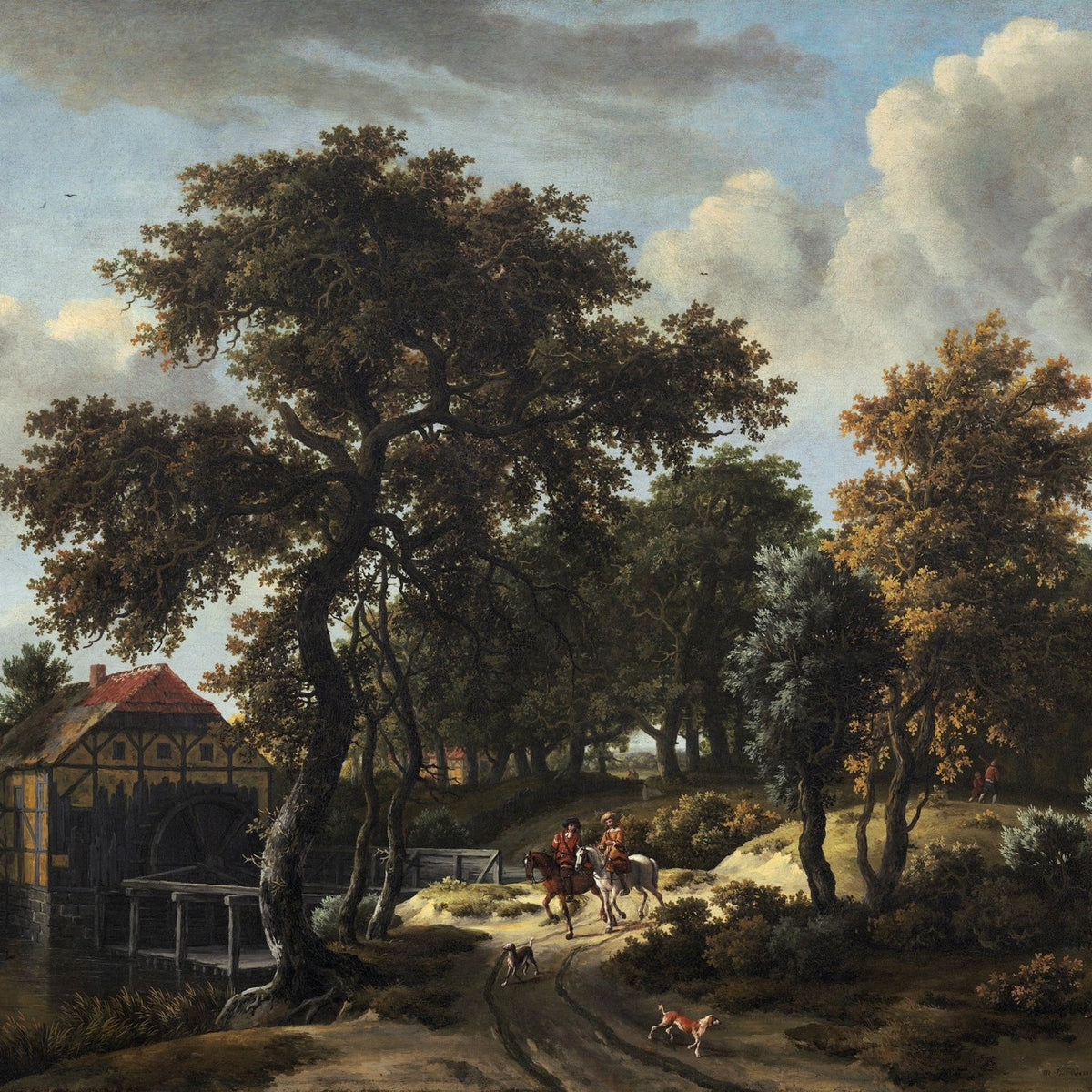 Landscape oil painting of a country road with riders near a watermill, textured brushwork and oil on canvas. - Add Frame, Canvas, Country, Forest, Hand Painted, Landscape, Made To Order, Oil Painting, Road
