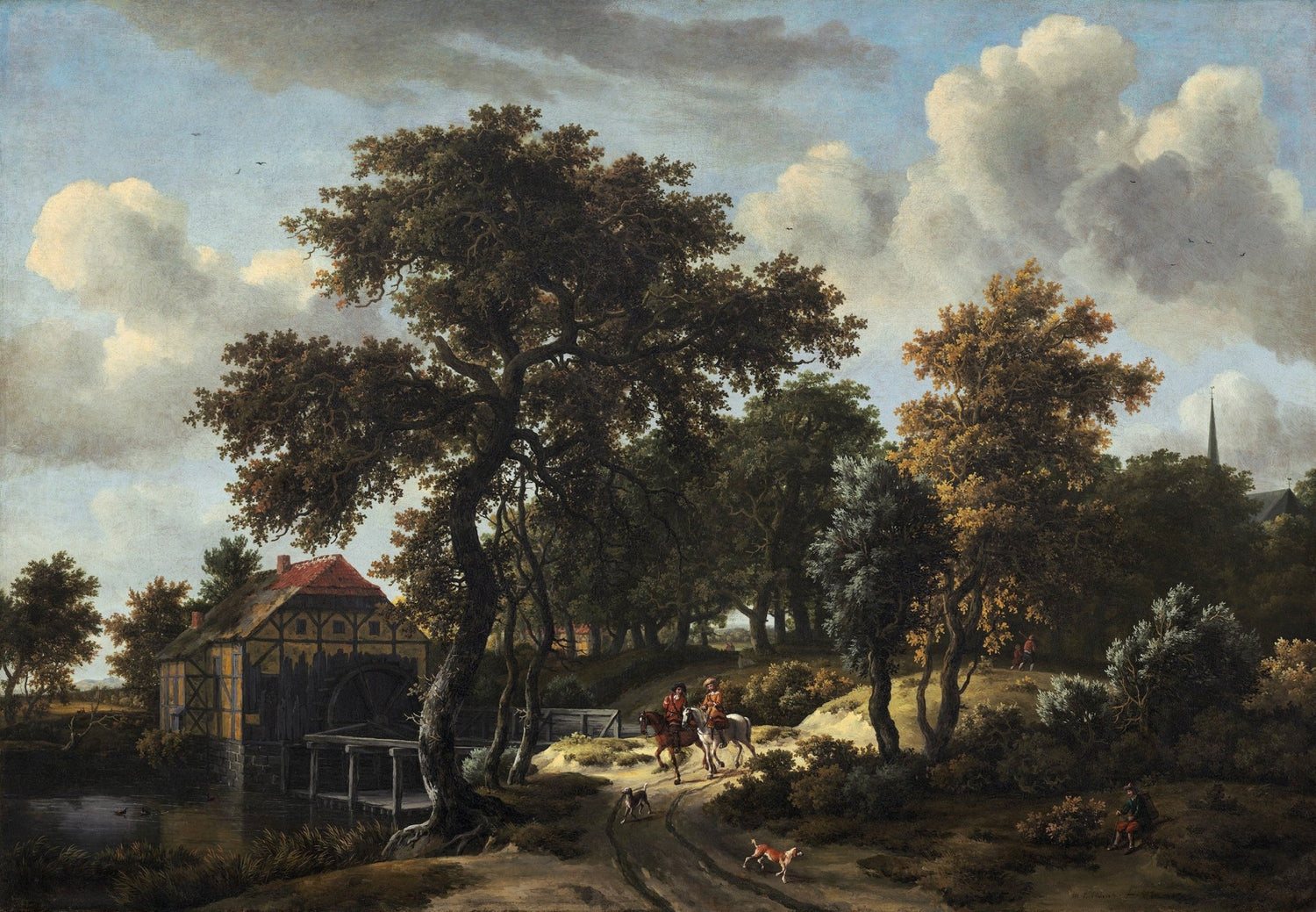 Landscape oil painting of a country road with riders near a watermill, textured brushwork and oil on canvas. - Add Frame, Canvas, Country, Forest, Hand Painted, Landscape, Made To Order, Oil Painting, Road