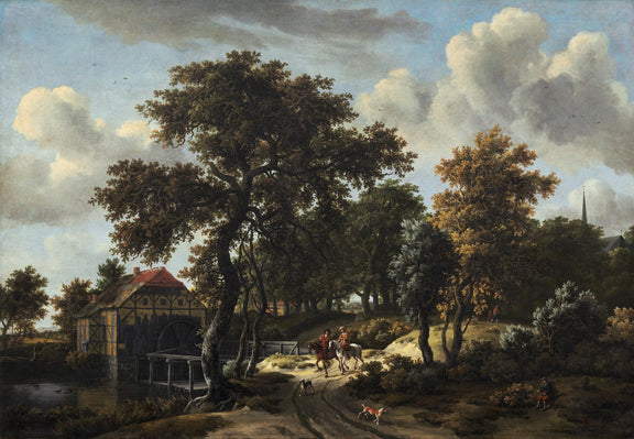 Landscape oil painting of a country road with riders near a watermill, textured brushwork and oil on canvas. - Add Frame, Canvas, Country, Forest, Hand Painted, Landscape, Made To Order, Oil Painting, Road