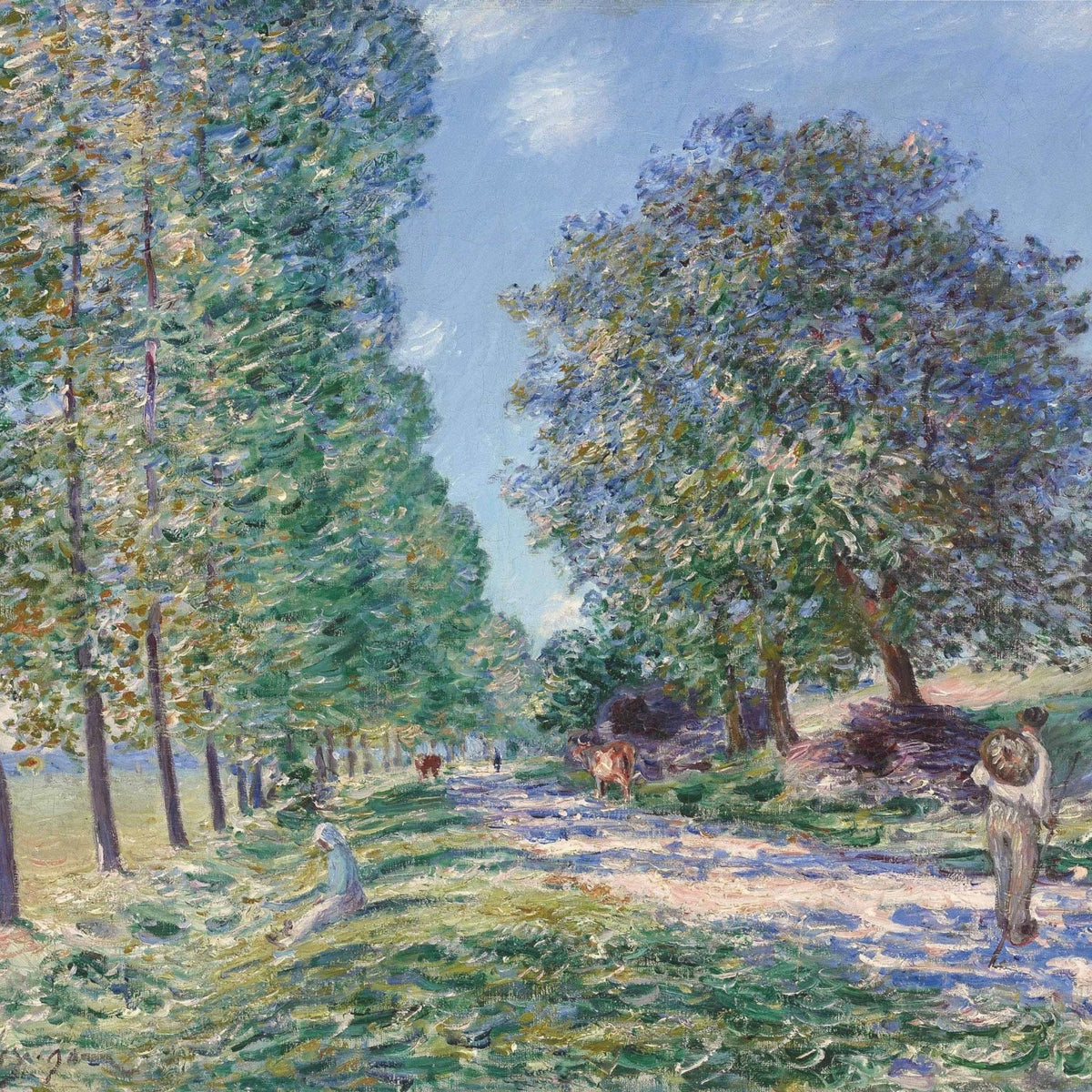 Country Road with Trees and Cattle - Landscape Oil Painting - Oil Painting Haven