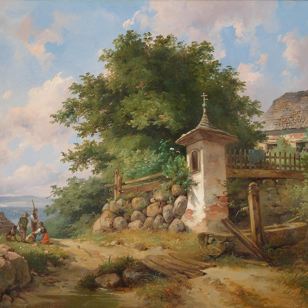 Country Shrine and Village Path – Hand - Painted Landscape Oil Painting - Oil Painting Haven