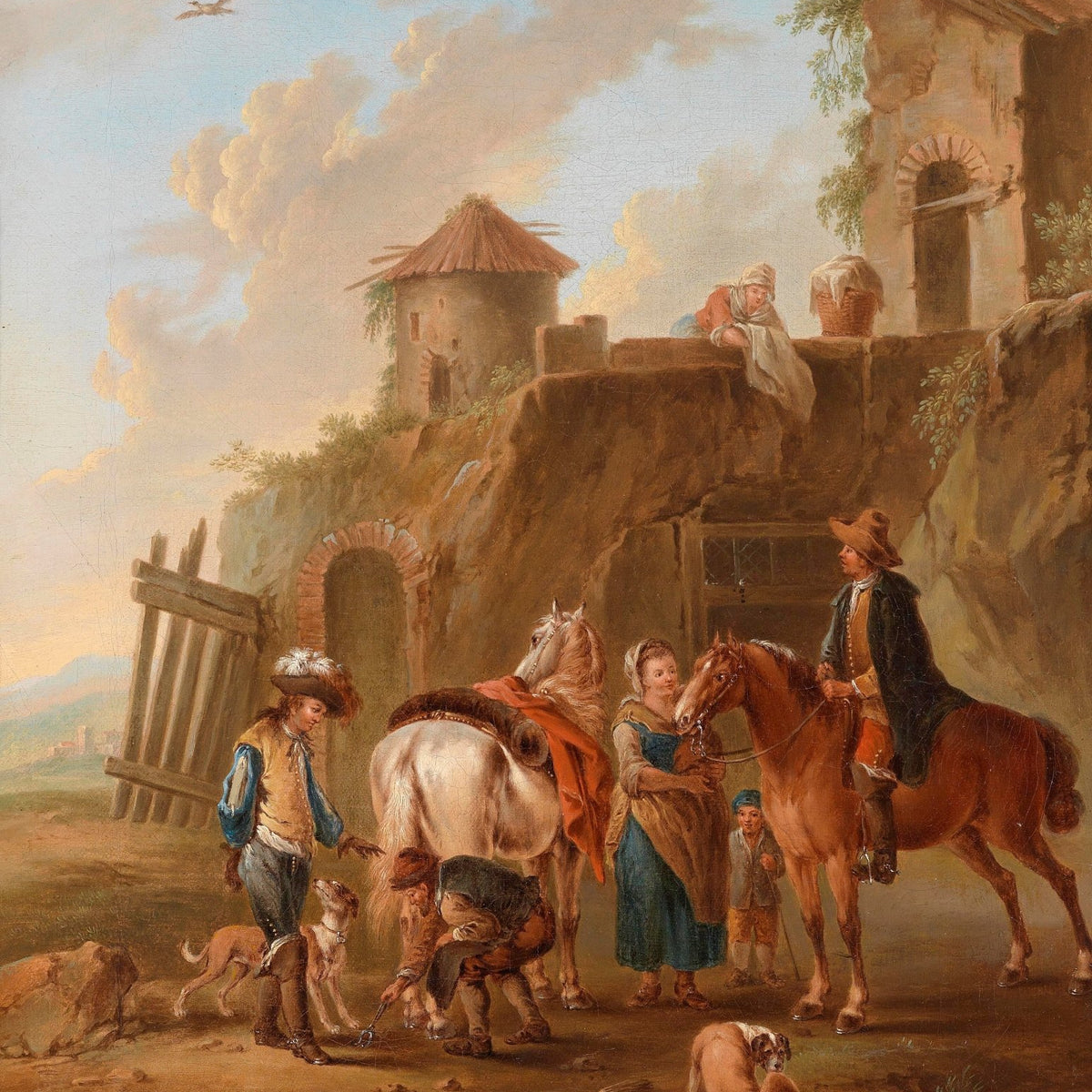 Country Travelers with Horses in Rustic Village - People Oil Painting - Oil Painting Haven