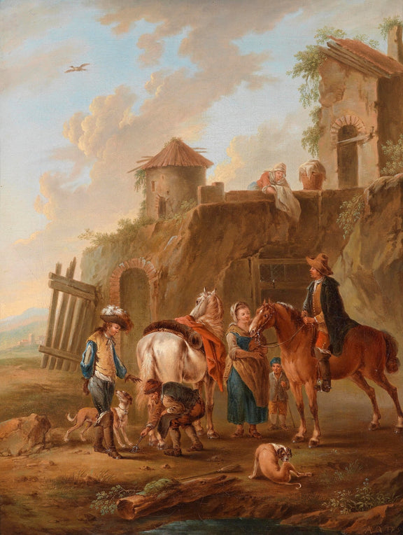 Country Travelers with Horses in Rustic Village - People Oil Painting - Oil Painting Haven