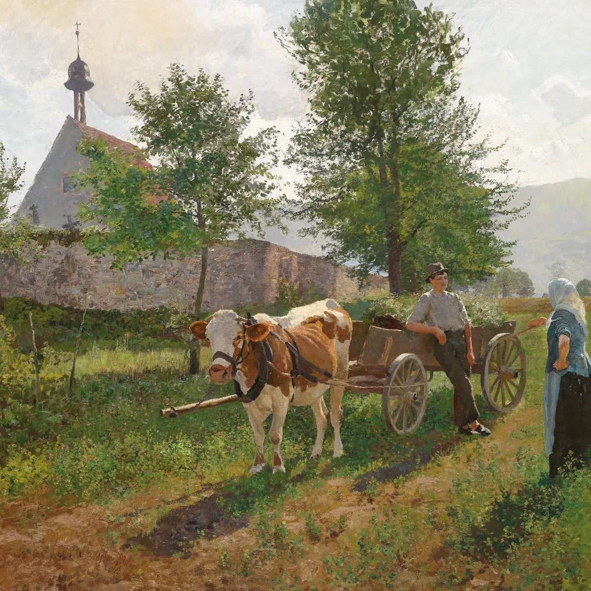 Countryside Farmers with Ox Cart Near Village Church - People Oil Painting - Oil Painting Haven