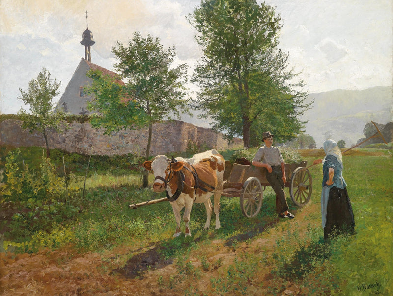 Countryside Farmers with Ox Cart Near Village Church - People Oil Painting - Oil Painting Haven