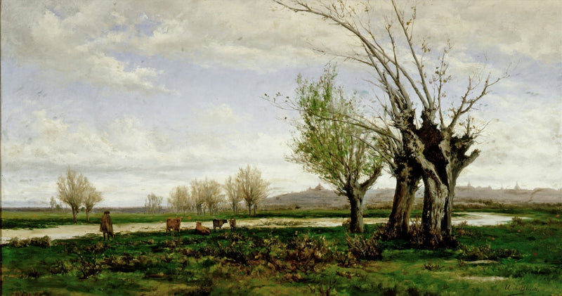 Landscape oil painting of a countryside riverbank with grazing cattle beneath cloudy sky, hand painted oil on canvas with. - Add Frame, Animal, Canvas, Country, Farm, Forest, Hand Painted, Landscape, Made To Order, Oil Painting