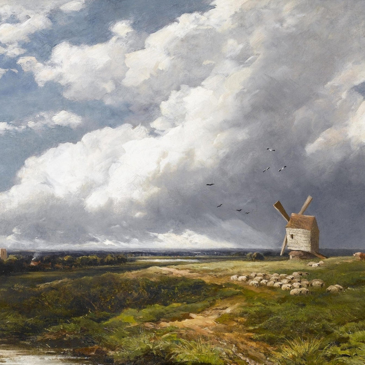 Countryside Windmill and Grazing Sheep - Landscape Oil Painting - Oil Painting Haven