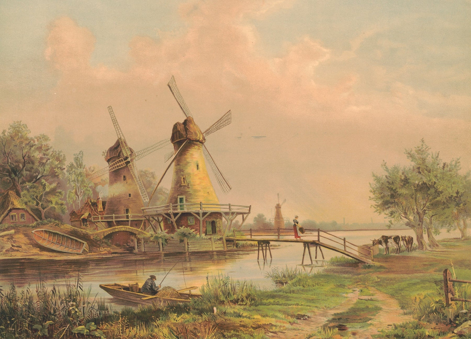 Countryside Windmills by the River, Figures – Landscape Oil Painting - Oil Painting Haven