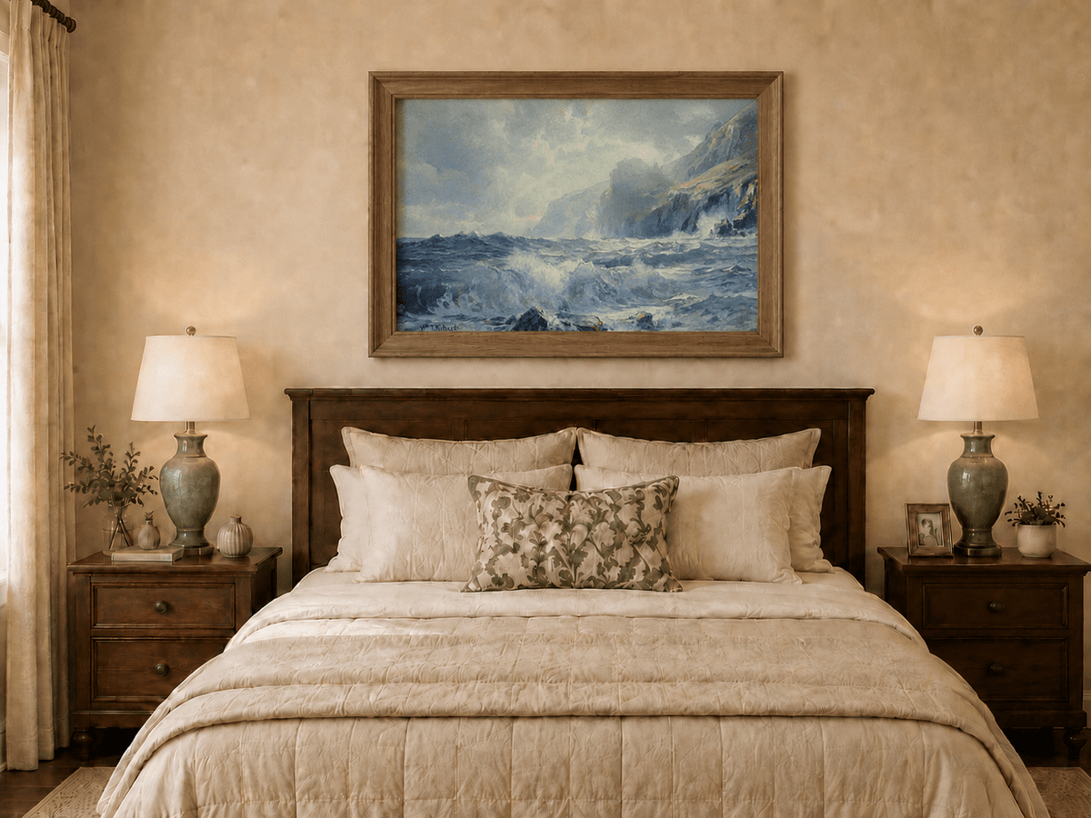 Framed hand-painted seascape oil painting with crashing waves along a rocky coastal shore displayed above a wooden bed in a neutral bedroom.