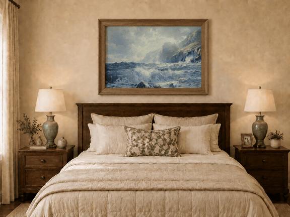 Framed hand-painted seascape oil painting with crashing waves along a rocky coastal shore displayed above a wooden bed in a neutral bedroom.