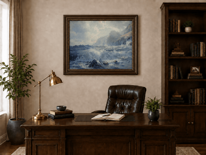 Framed hand-painted seascape oil painting with crashing waves along a rocky coastal shore displayed above a traditional home office desk.
