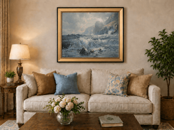 Framed hand-painted seascape oil painting with crashing waves along a rocky coastal shore displayed above a neutral living room sofa.
