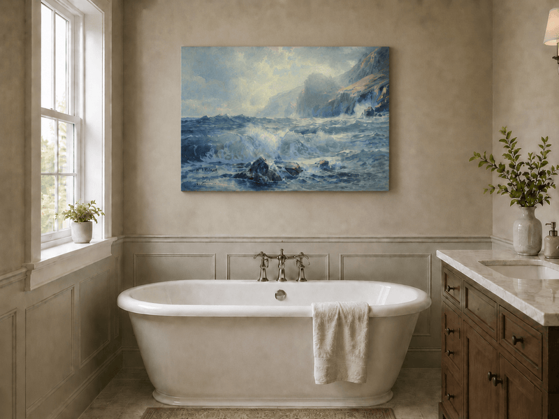 Unframed hand-painted seascape oil painting with crashing waves along a rocky coastal shore displayed above a freestanding bathtub.