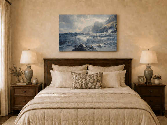 Unframed hand-painted seascape oil painting with crashing waves along a rocky coastal shore displayed above a wooden bed in a neutral bedroom.