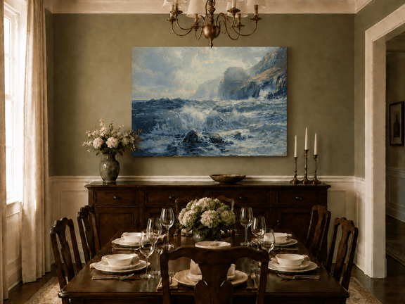 Unframed hand-painted seascape oil painting with crashing waves along a rocky coastal shore displayed above a formal dining table.