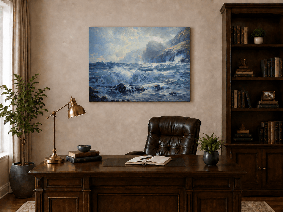 Unframed hand-painted seascape oil painting with crashing waves along a rocky coastal shore displayed above a traditional home office desk.